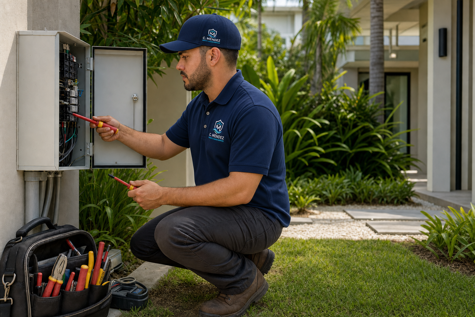 Technician servicing an outdoor electrical panel
