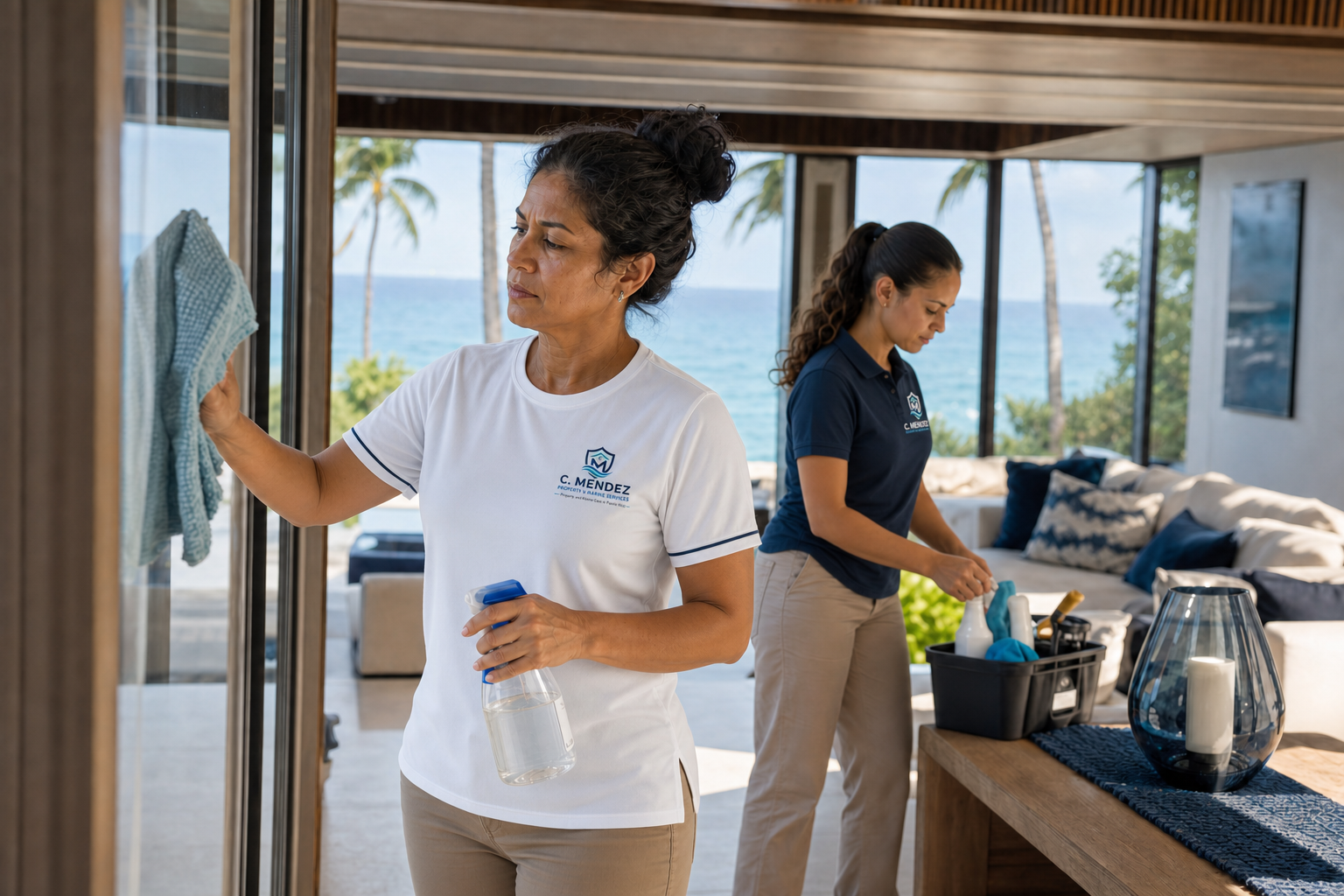 Team cleaning a coastal home interior