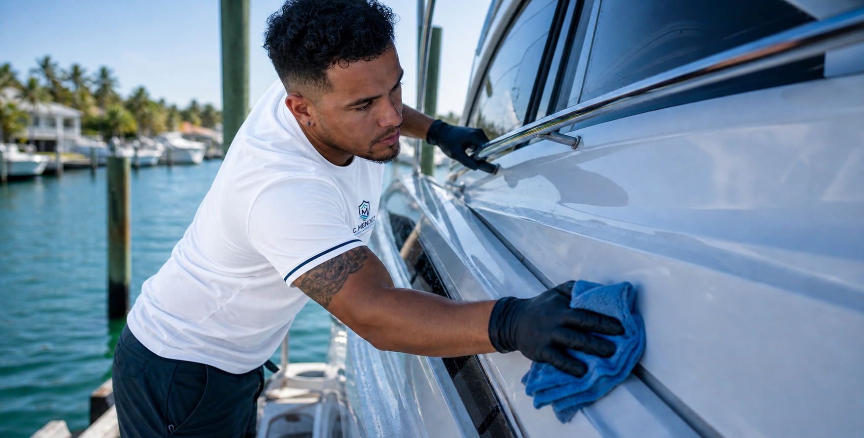 Marine technician detailing a yacht